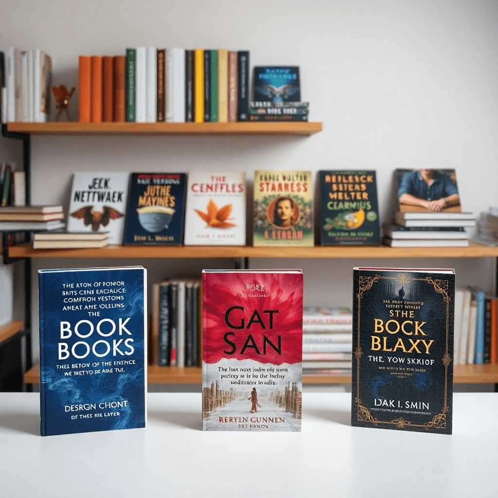 professional book cover design process, multiple book covers displayed, creative design studio